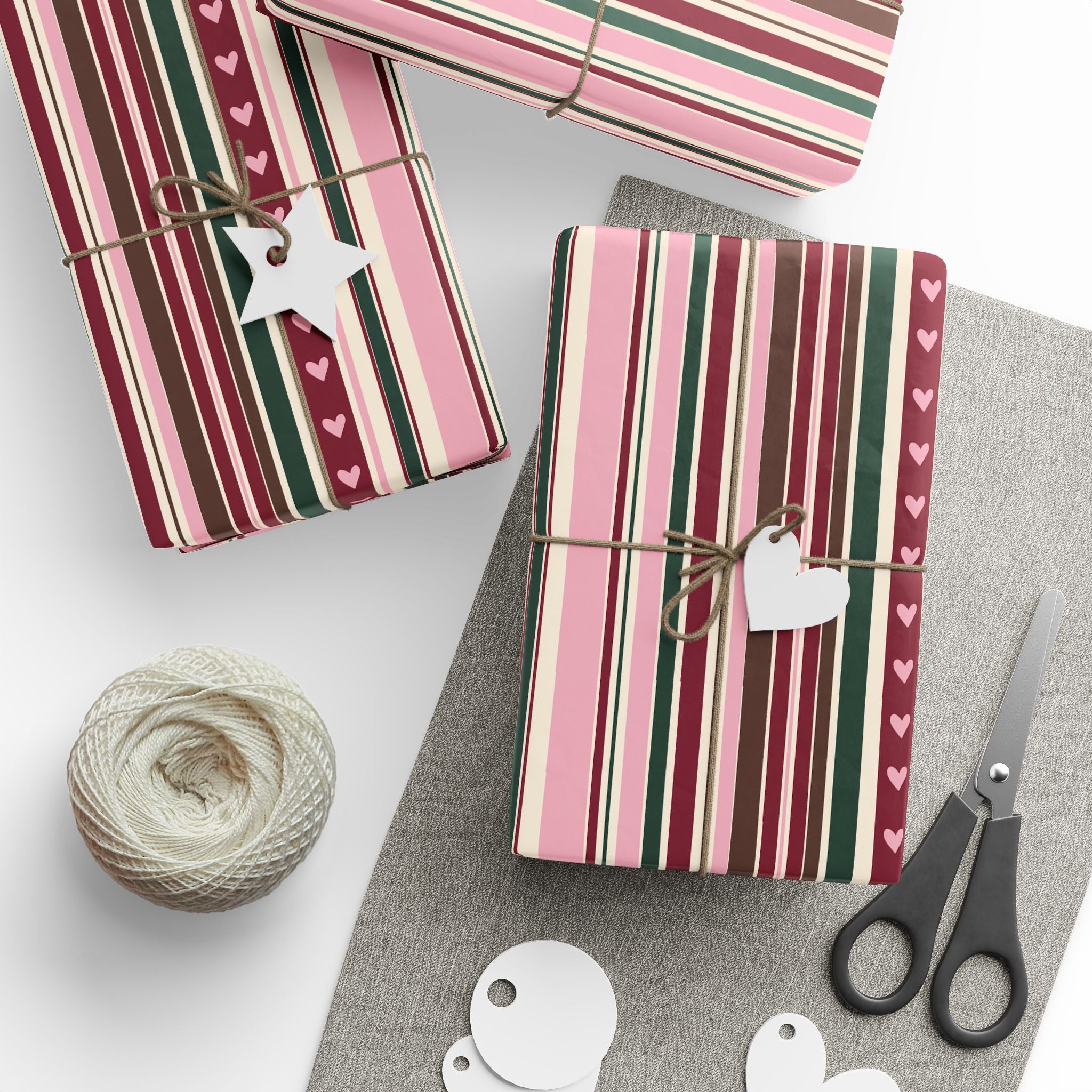 Valentine Heart Stripe Wrapping Paper — Pink & Burgundy Gift Wrap Roll