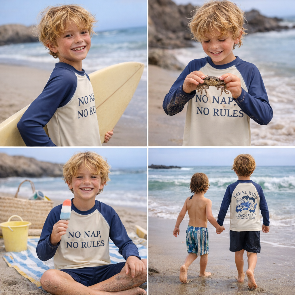 Feral Kids Beach Club Kids Rash Guard – No Nap No Rules Long Sleeve Swim Shirt