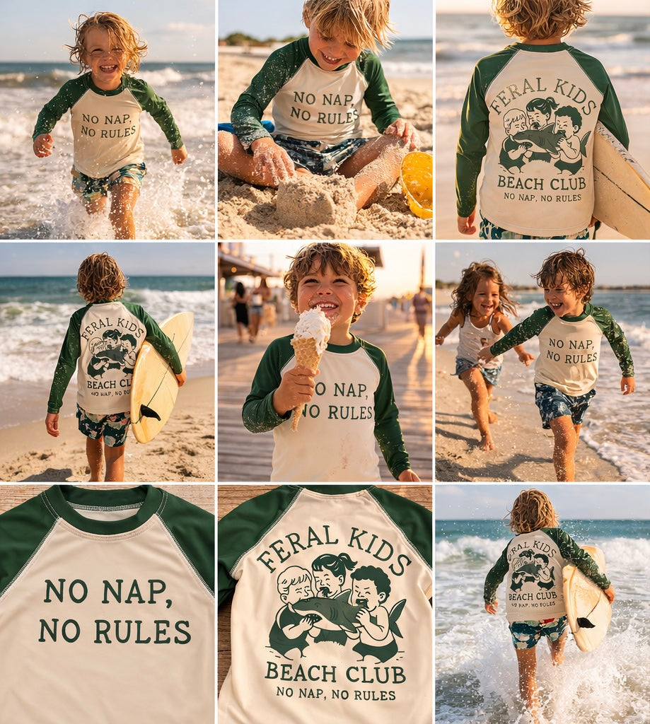 Feral Kids Beach Club Kids Rash Guard – No Nap No Rules Long Sleeve Swim Shirt