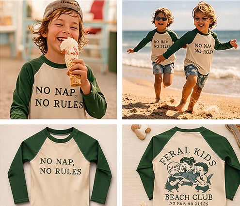 Feral Kids Beach Club Kids Rash Guard – No Nap No Rules Long Sleeve Swim Shirt
