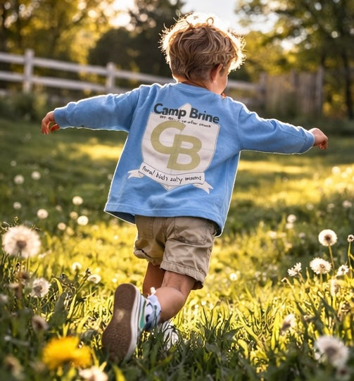 Camp Brine Kids Long Sleeve Shirt – Dandelion Diplomat Badge Tee | Coastal Spring Graphic Shirt for Kids | Preppy Back Crest