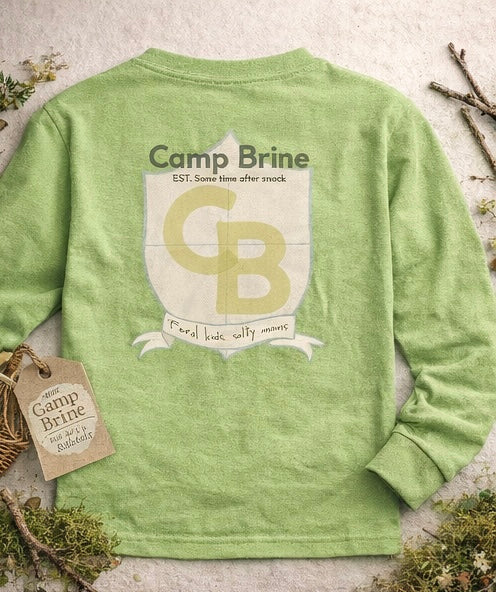Camp Brine Mud Season Champion Kids Long Sleeve Shirt | Spring Graphic Tee for Boys & Girls | Coastal Camp Badge Shirt