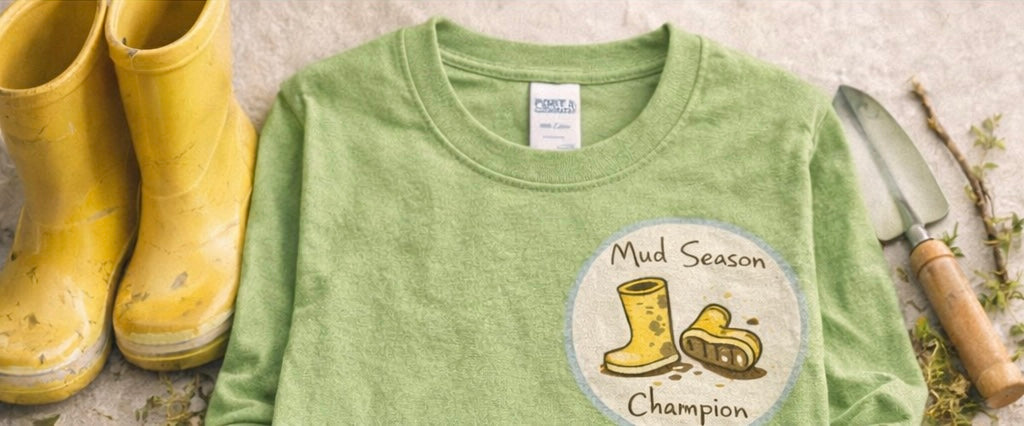 Camp Brine Mud Season Champion Kids Long Sleeve Shirt | Spring Graphic Tee for Boys & Girls | Coastal Camp Badge Shirt