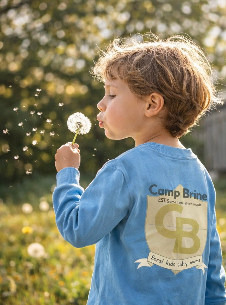 Camp Brine Kids Long Sleeve Shirt – Dandelion Diplomat Badge Tee | Coastal Spring Graphic Shirt for Kids | Preppy Back Crest