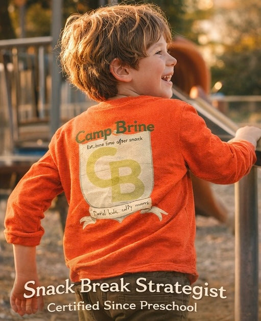 Camp Brine Kids Long Sleeve Shirt – Snack Break Strategist Tee | Coastal Crest Graphic | Spring Kids Graphic Shirt | Feral Kids Salty Moms