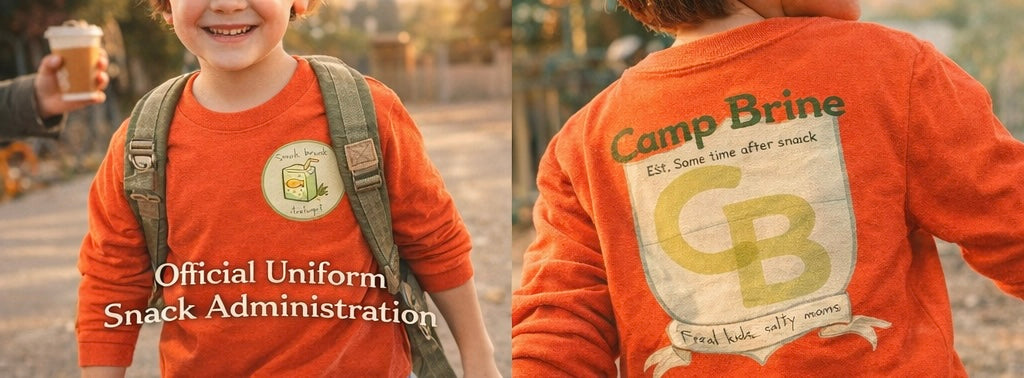 Camp Brine Kids Long Sleeve Shirt – Snack Break Strategist Tee | Coastal Crest Graphic | Spring Kids Graphic Shirt | Feral Kids Salty Moms