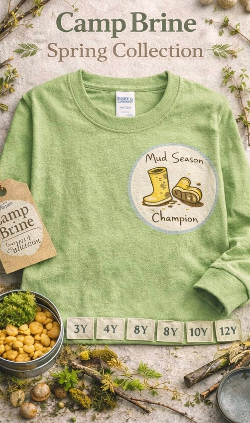Camp Brine Mud Season Champion Kids Long Sleeve Shirt | Spring Graphic Tee for Boys & Girls | Coastal Camp Badge Shirt