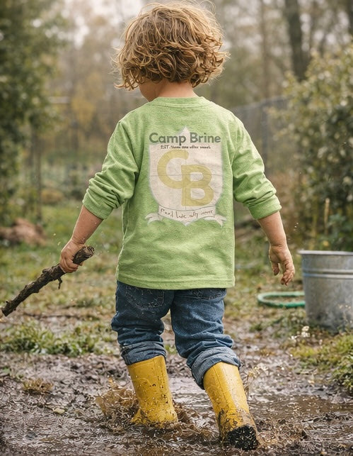 Camp Brine Mud Season Champion Kids Long Sleeve Shirt | Spring Graphic Tee for Boys & Girls | Coastal Camp Badge Shirt
