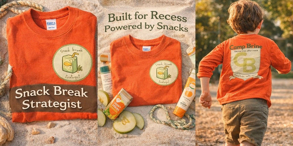 Camp Brine Kids Long Sleeve Shirt – Snack Break Strategist Tee | Coastal Crest Graphic | Spring Kids Graphic Shirt | Feral Kids Salty Moms