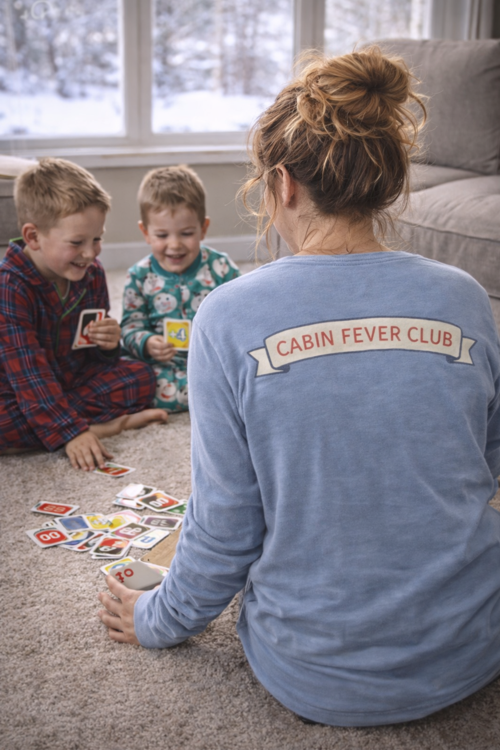 Cabin Fever Club Long Sleeve Shirt – Pajama Day Coordinator Mom Badge Tee – Winter Camp Brine Collection – Funny Cozy Winter Mom Shirt