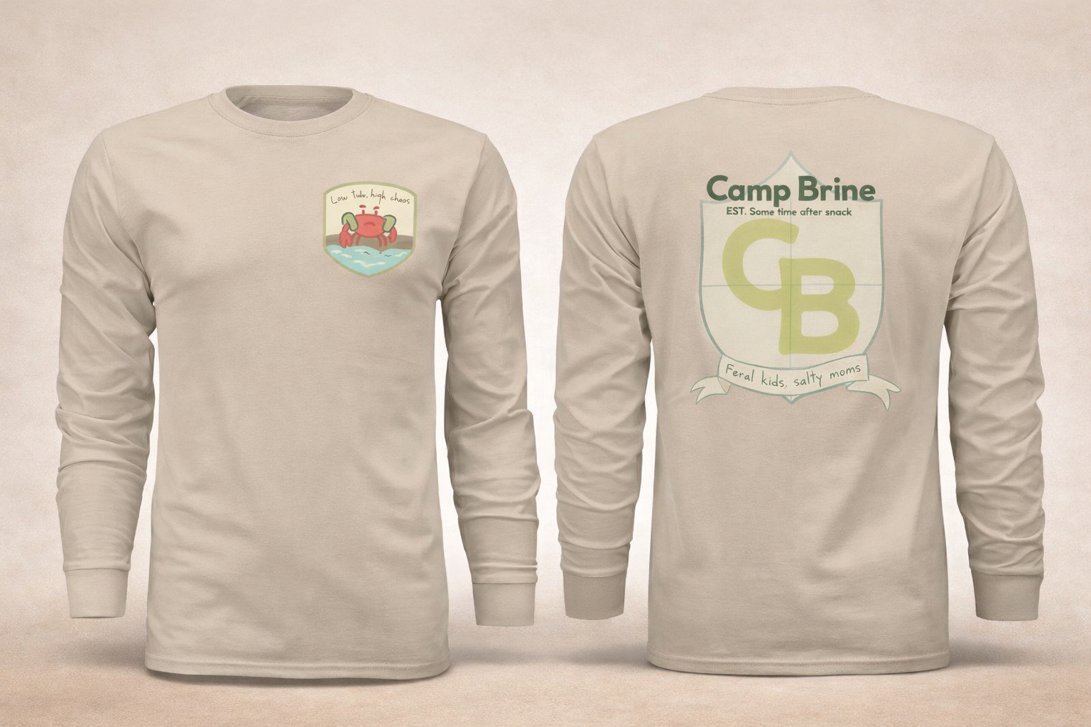 Camp Brine Spring Long Sleeve Shirt – Coastal Mom Camp Crest Tee | Feral Kids Salty Moms Graphic | Preppy Beach Camp Aesthetic Top