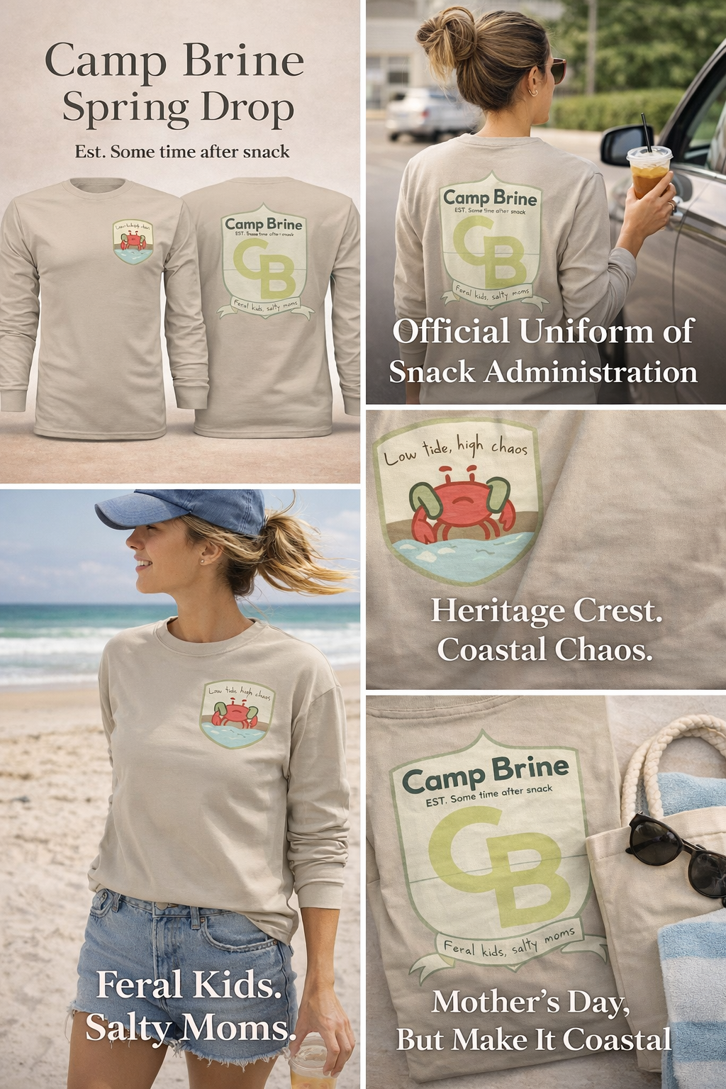 Camp Brine Spring Long Sleeve Shirt – Coastal Mom Camp Crest Tee | Feral Kids Salty Moms Graphic | Preppy Beach Camp Aesthetic Top