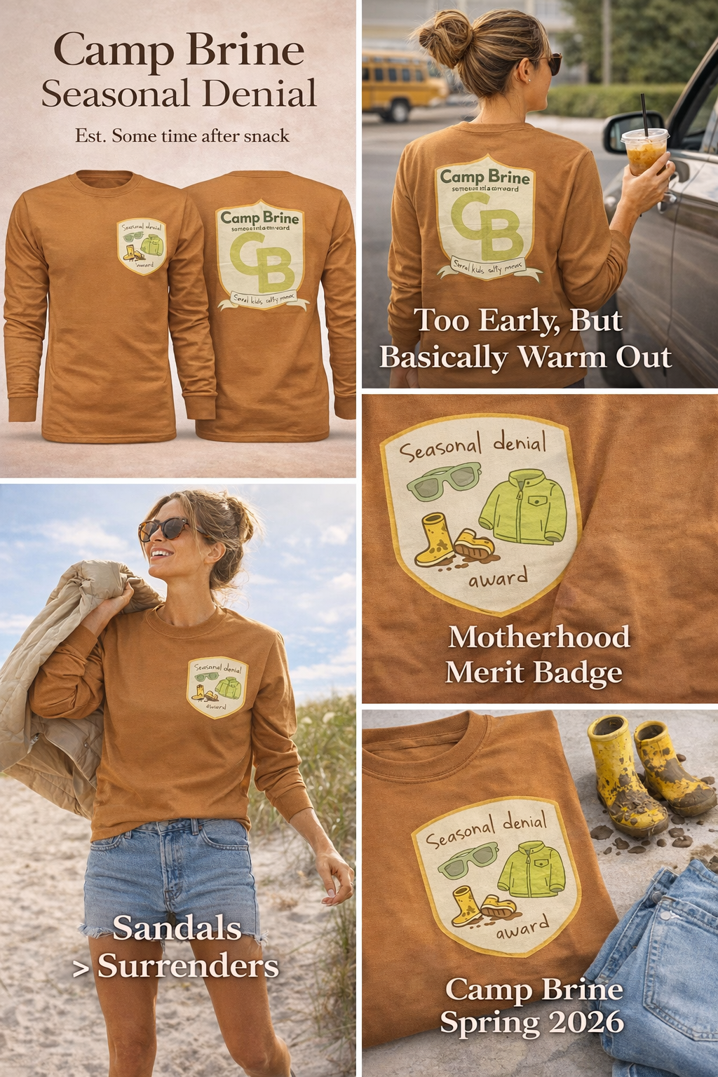 Camp Brine Seasonal Denial Long Sleeve Shirt – Coastal Mom Camp Crest Tee | Feral Kids Salty Moms Graphic | Spring Transition Top