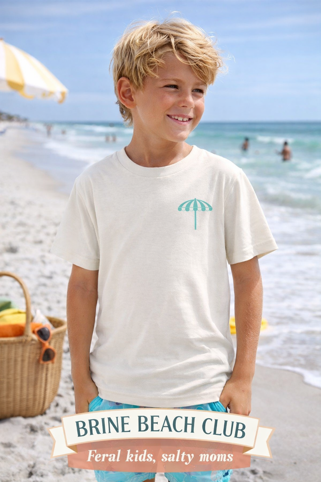 Brine Beach Club Youth Tee – ‘Feral Kids, Salty Moms’ Umbrella Beach T‑Shirt