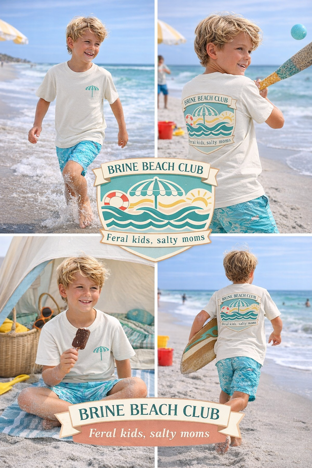 Brine Beach Club Youth Tee – ‘Feral Kids, Salty Moms’ Umbrella Beach T‑Shirt