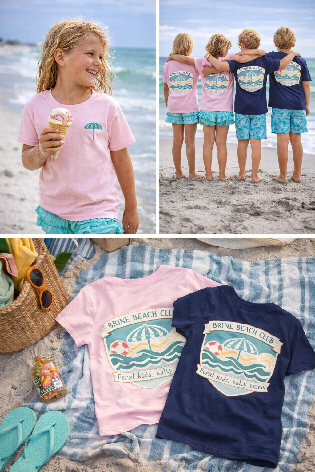 Brine Beach Club Youth Tee – ‘Feral Kids, Salty Moms’ Umbrella Beach T‑Shirt