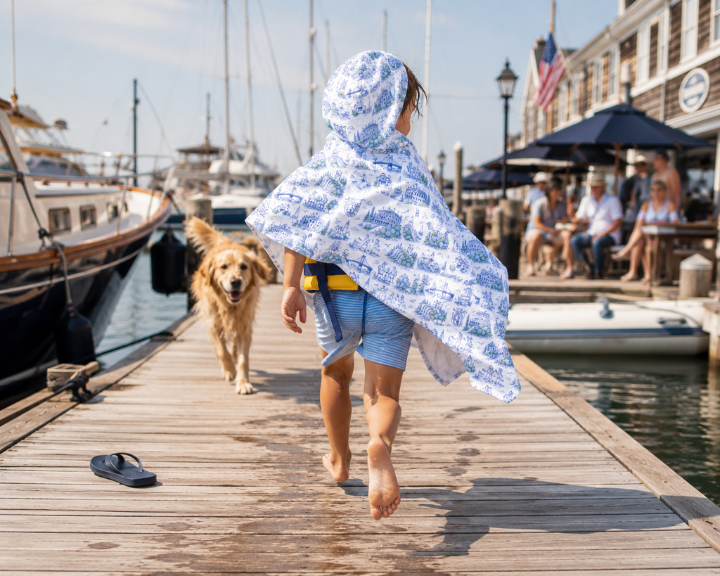 Kids Hooded Beach Towel Newport RI, Coastal Toile Hooded Towel, Kids Poncho Towel, Preppy Kids Beach Cover Up, Summer Pool Towel