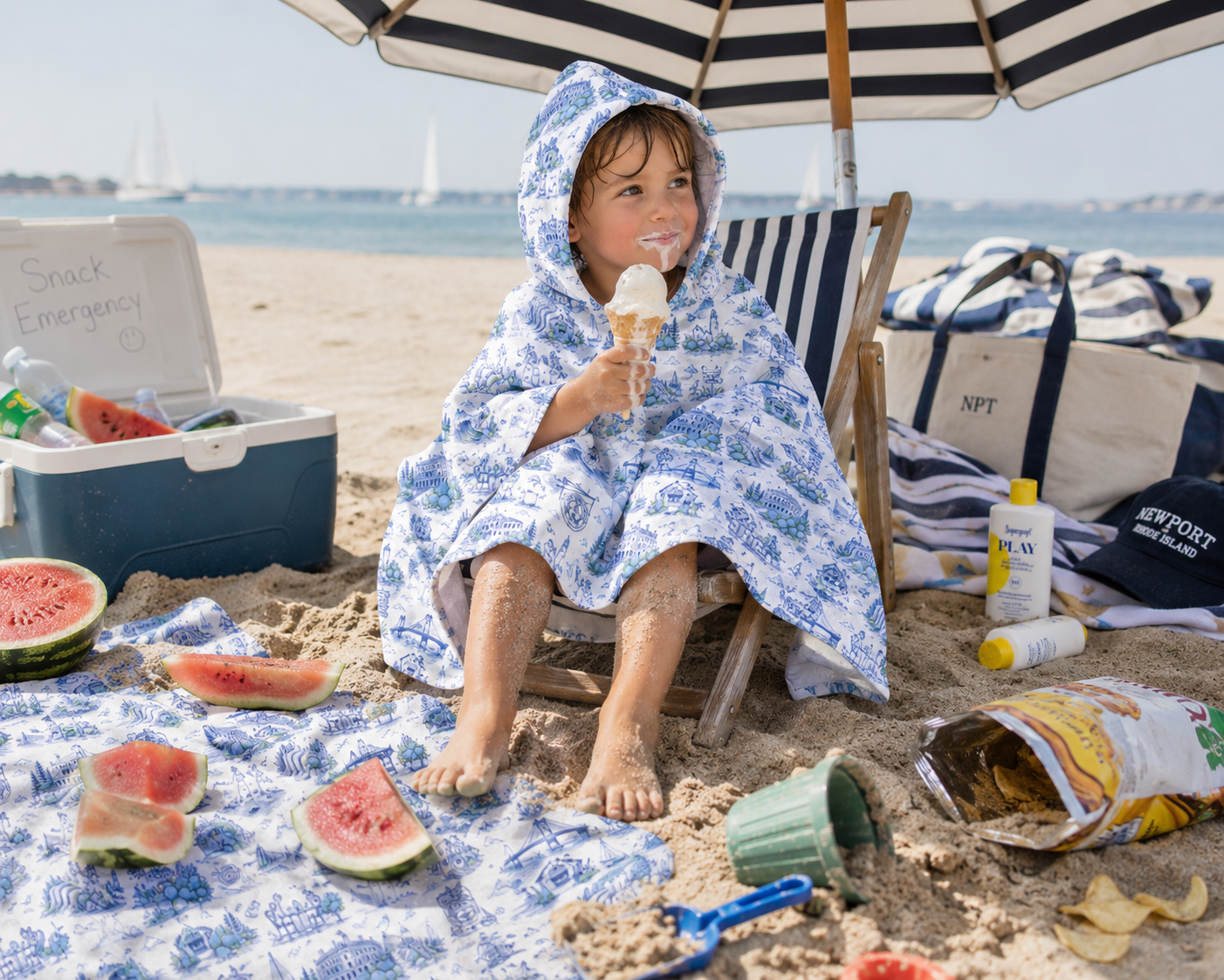 Kids Hooded Beach Towel Newport RI, Coastal Toile Hooded Towel, Kids Poncho Towel, Preppy Kids Beach Cover Up, Summer Pool Towel